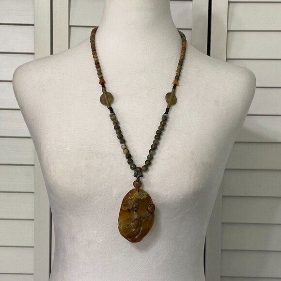 Handmade Carved Jade Beaded Necklace w/ Matching Unakite Bracelet, #403 - Picture 2 of 13